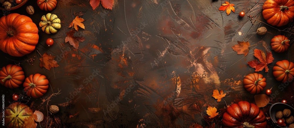 Leinwandbilder A fall themed backdrop featuring pumpkins leaves and decorations on a textured table from a top down view with room for text creating a copy space image