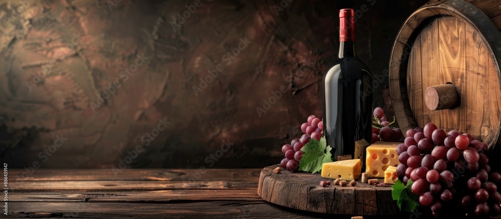 Poster wooden rustic background enhances wine bottles with grapes and cheese providing copy space image