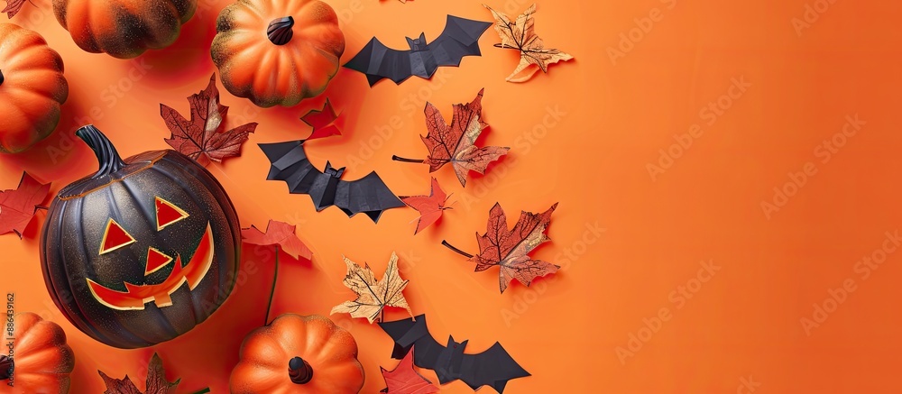 Aufkleber halloween themed pumpkin decorations on an orange paper backdrop with a flat lay and top view for a 