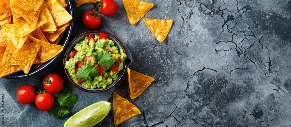 Poster Top down view of Mexican nachos and guacamole on a gray concrete surface with room for text or graphics alongside the image. with copy space image. Place for adding text or design