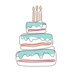 birthday cake with candles in line art style, isolated vector illustration on white background, design element for birthday cards,poster,invitation,banner,background,wedding,logo