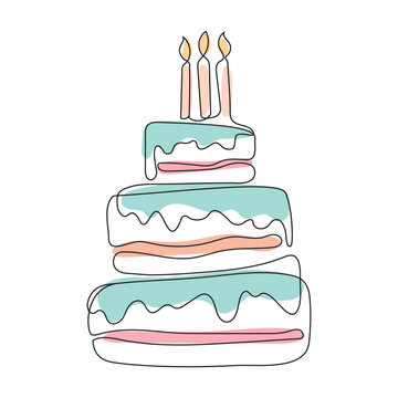 recommend clip art: birthday cake with candles in line art style, isolated vector illustration on white background, design element for birthday cards,poster,invitation,banner,background,wedding,logo