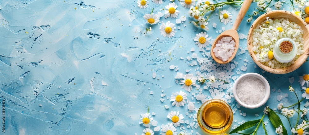 Leinwandbilder chamomile spa products with herbal ingredients like salt soap and oil displayed on a blue background