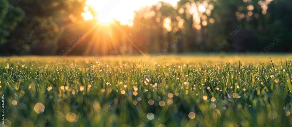 Aufkleber Sunset over a grassy field with a blurred forest in the backdrop creating a scenic copy space image with selective focus and shallow depth of field