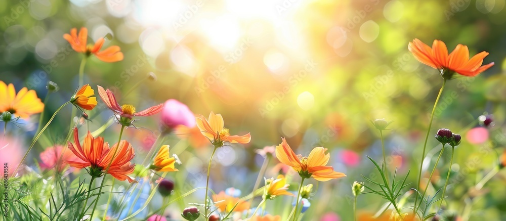 Fototapete Close up of wildflowers in lush summer meadows with a blurred backdrop perfect for adding text with copy space image