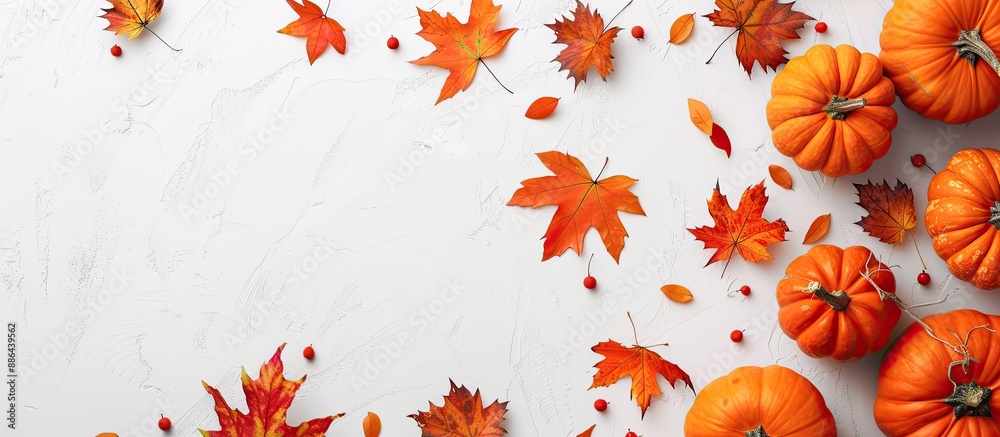 Fototapete Top down view of pumpkins and autumn leaves on a white backdrop with space for text or images ideal for Halloween or Thanksgiving themes. with copy space image. Place for adding text or design