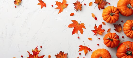 Top down view of pumpkins and autumn leaves on a white backdrop with space for text or images ideal for Halloween or Thanksgiving themes. with copy space image. Place for adding text or design
