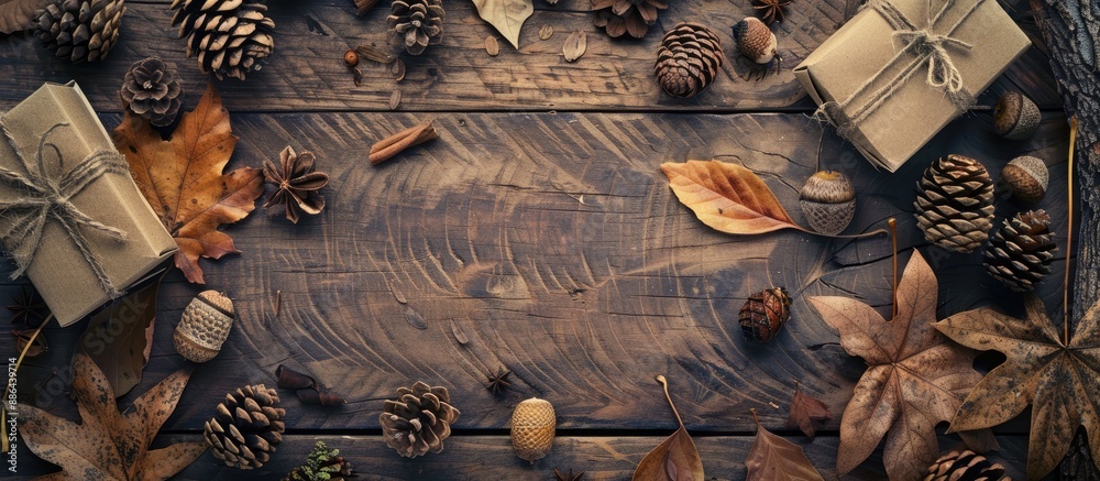 Poster a top down view of a autumn themed scene on a wooden backdrop featuring cones acorns wood pieces and