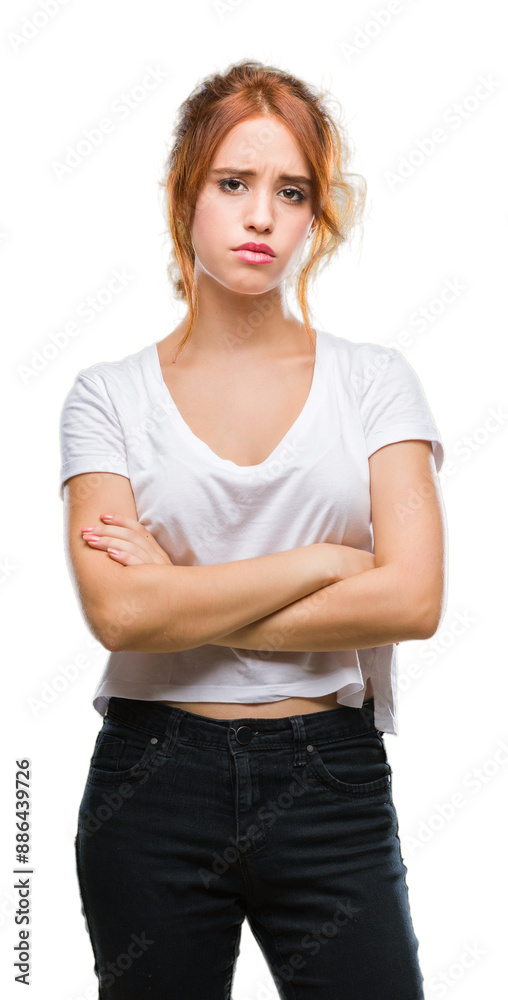 Sticker young beautiful woman over isolated background skeptic and nervous, disapproving expression on face 