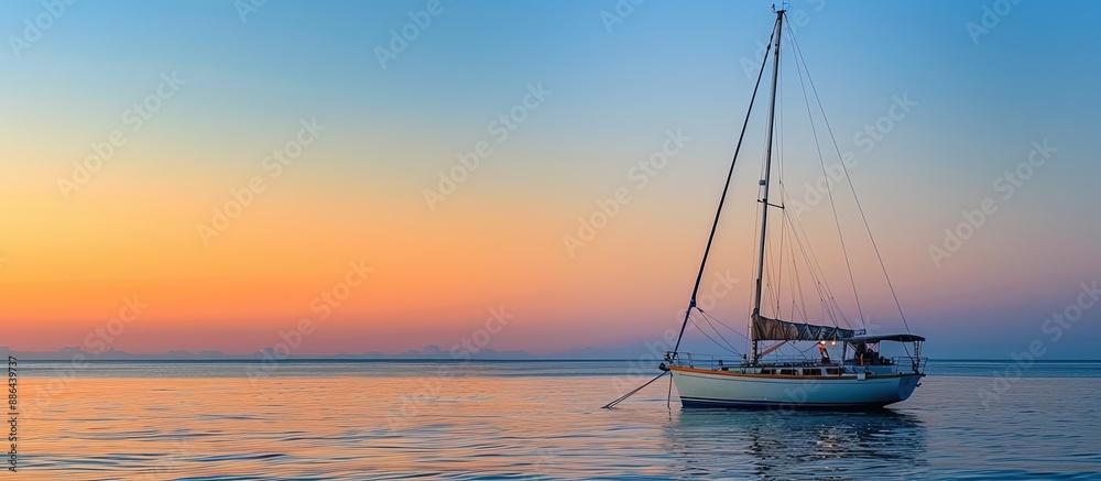 Poster A sailboat at sunset in a harbor with a clear sky and empty space for text or images is depicted in the beautiful photo. with copy space image. Place for adding text or design