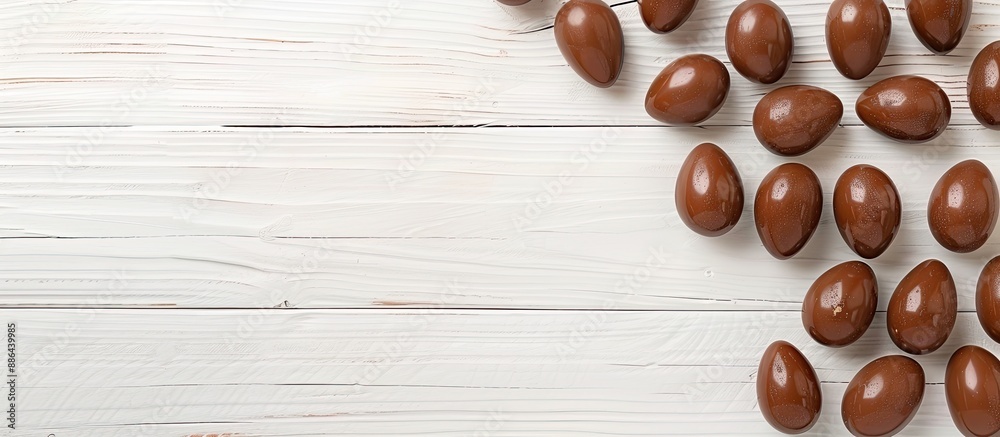 Poster Top view chocolate eggs on a white wooden surface with copy space image available for Easter composition