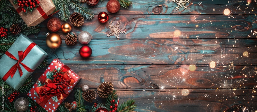 Poster festive new year party arrangement with various decorations like gifts a present box ornaments fir t