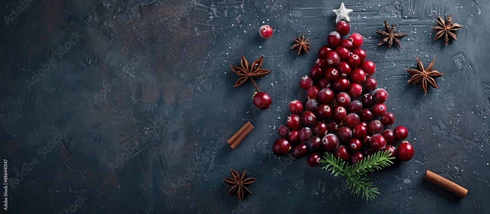 Poster Top view of a Christmas tree crafted from frozen cranberries cinnamon sticks and anise star on a dark background with ample copy space image