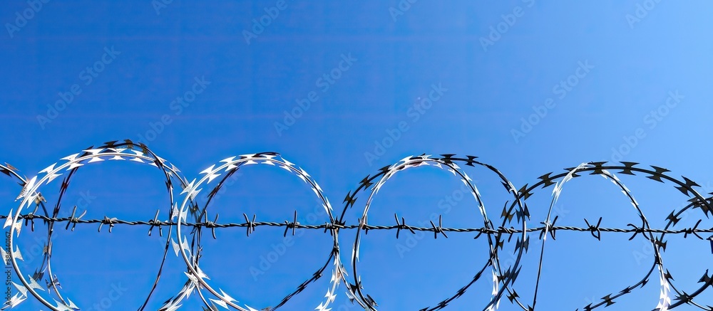 Poster Barbed wire against a clear blue sky is commonly seen bordering prisons country boundaries or private properties creating a visual with ample copy space for themes like restricted areas illegal immig