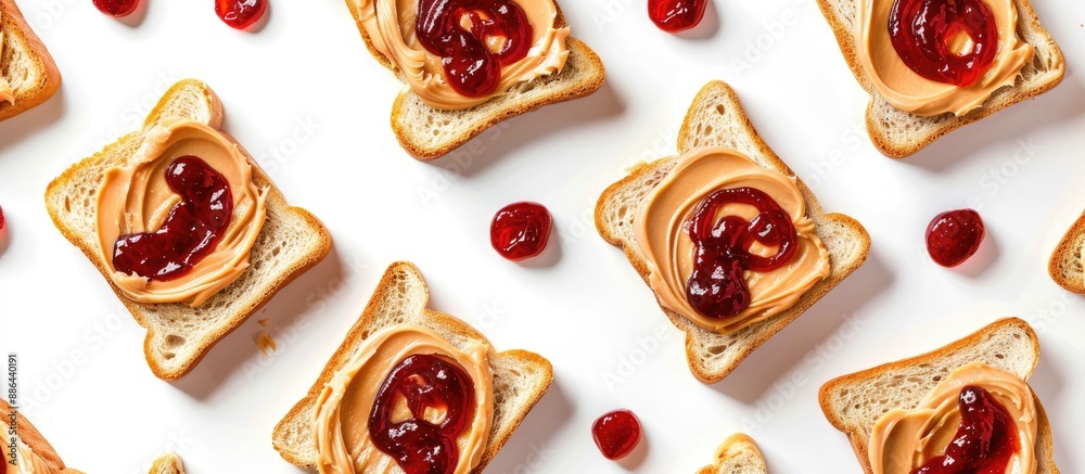 Aufkleber Top view of peanut butter and jelly on white bread toasts against a white background with copy space image