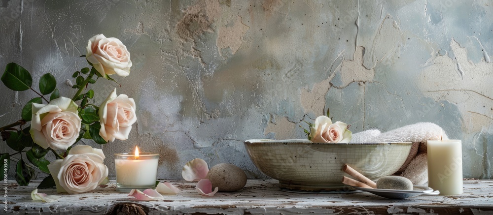 Poster A serene arrangement of spa items roses and a candle on a rustic grey table with room for text in the image. with copy space image. Place for adding text or design