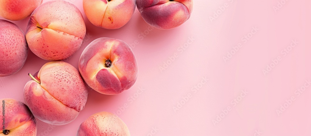 Poster Top view of fresh peaches arranged on a soft pink surface with a peach frame allowing space for additional content in the image