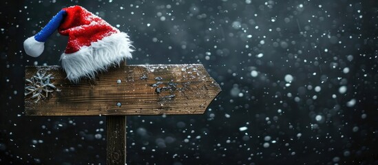 Christmas signboard featuring a wooden road sign adorned with a blue Santa hat on a black background ready for use as a copy space image
