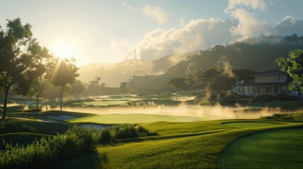 Obraz premium Golf course atmosphere with bright morning sunshine