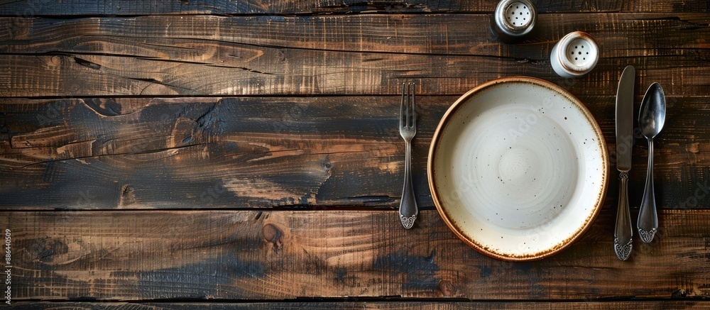 Fototapete Top view of a wooden table with an empty plate utensils and a copy space image for your meal