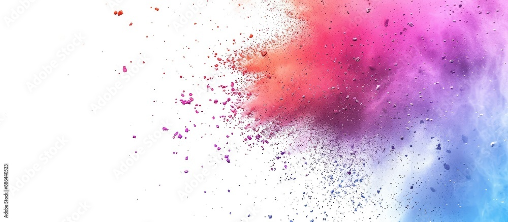Aufkleber Vibrant multicolored powder exploding in freeze frame creating an abstract backdrop with glittery textures on a white background suitable for a copy space image