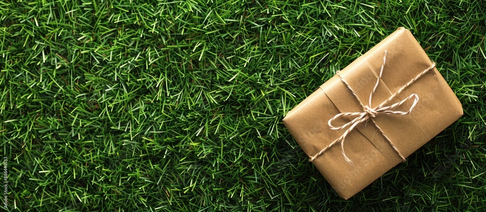 Poster top view of a gift box on lush green grass background suitable for christmas and new year with copy 