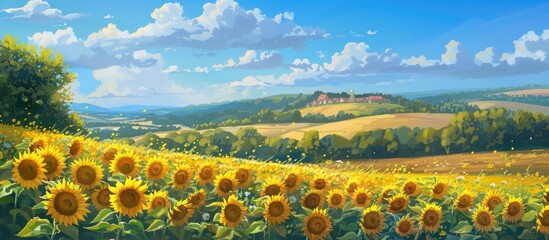 Fototapeta premium The lively summer scene featuring vibrant sunflowers golden fields and colorful blossoms against a blue sky is a serene and stunning rural landscape with a clear and separate area for additional cont