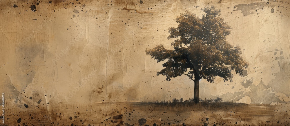 Poster An antique paper backdrop featuring a tree on a weathered surface with copy space image