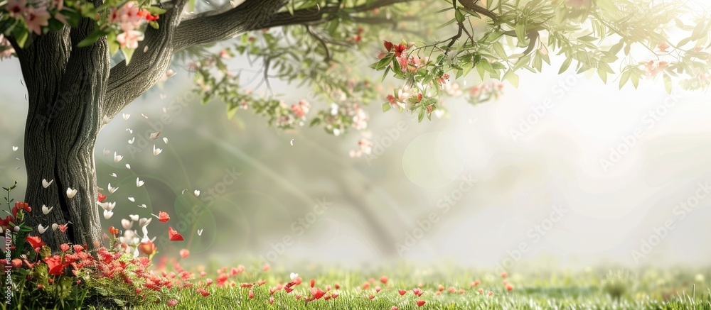 Poster nature photo of a beautiful tree with flowers and leaves against a clear backdrop providing copy spa