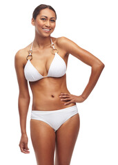 Fototapeta premium Portrait, beauty and bikini with body of woman in studio isolated on white background for feminine wellness. Skincare, weight loss and underwear with confident model looking proud of health diet