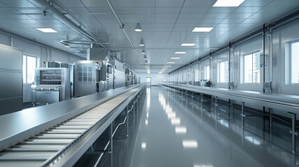 Clean and hygienic chicken processing plant, fresh food packaging, hyper realistic, detailed production