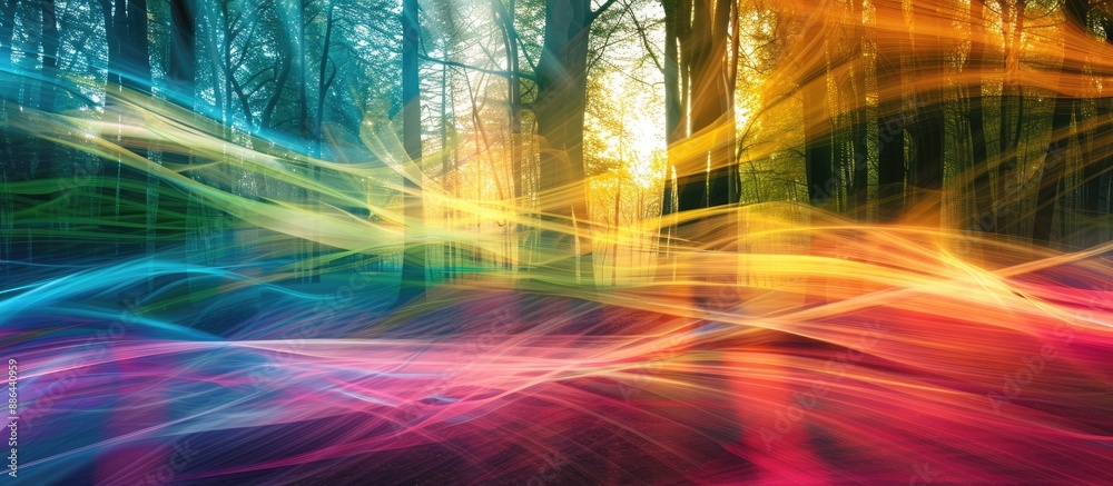 Fototapete Abstract light patterns in a forest setting on a multicolored linear background with copy space image