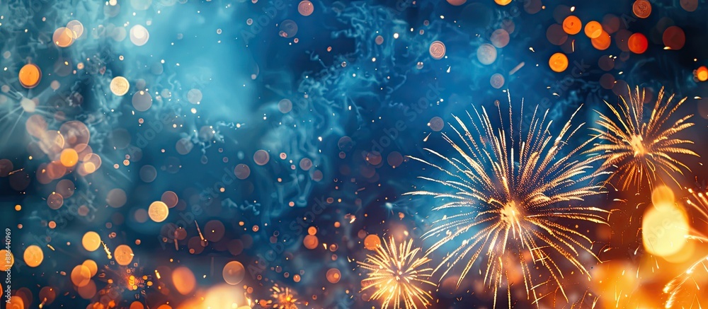 Poster vibrant orange and blue fireworks lighting up the night sky creating a spectacular display with a ba
