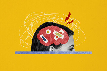 Composite photo collage of young girl half head sick brain inside taped organ injury dementia...