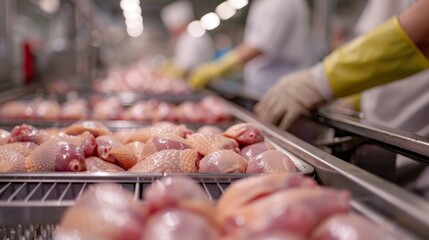 Fresh chicken in modern processing facility, clean packaging line, hyper realistic, food industry standards