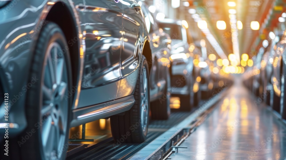 Poster a line of freshly assembled cars roll along a conveyor belt in a factory setting