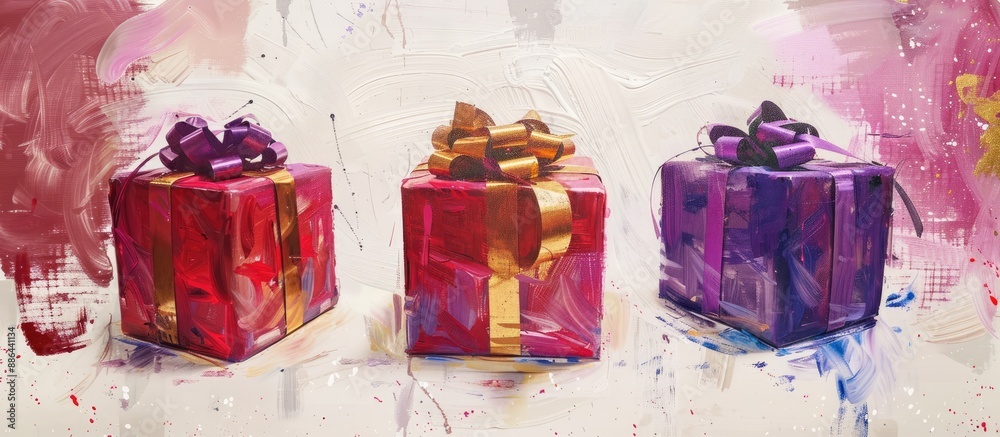 Poster Three gift boxes wrapped with bows on a white surface artistically painted with brush strokes displaying red purple and gold boxes with available copy space image