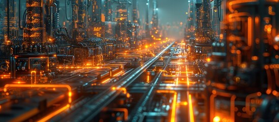 Futuristic Cityscape with Illuminated Pathways