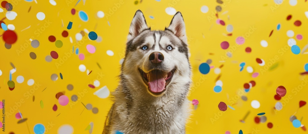 Poster A humorous and sarcastic Siberian husky dog on a yellow background surrounded by confetti with a range of emotions creating a unique and lively copy space image