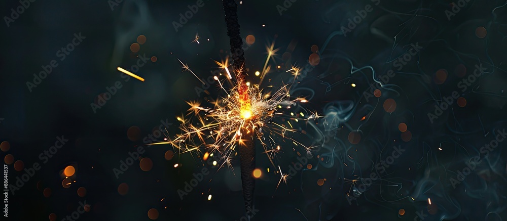 Poster Sparkling party sparkler illuminated in the darkness with selective focus on it creating a captivating visual effect in the copy space image