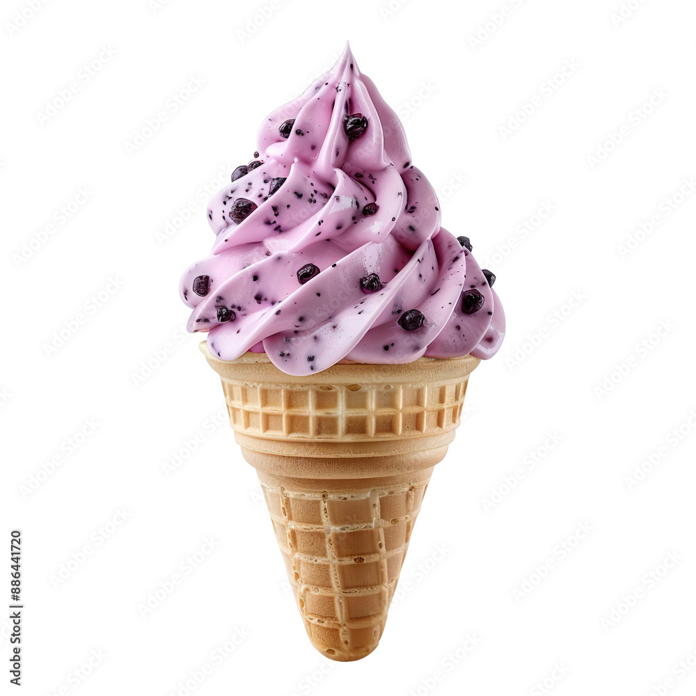 Wall mural front view of a delicious looking blueberry softee swirl in a waffle cone levitating in the mid-air 