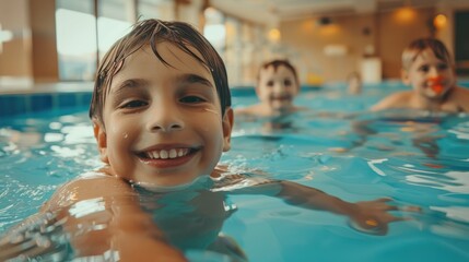 A group of elementary school children enjoyed learning swimming skills at the pool. happy summer vacation