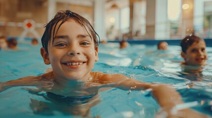 A group of elementary school children enjoyed learning swimming skills at the pool. happy summer vacation