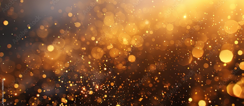 Poster Close up macro shot of blurred golden bokeh background with sparkling defocused elements and glitter dust providing a clear copy space image