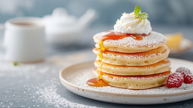 Fluffy Japanese souffle pancakes jiggling on a plate, topped with maple syrup and whipped cream.