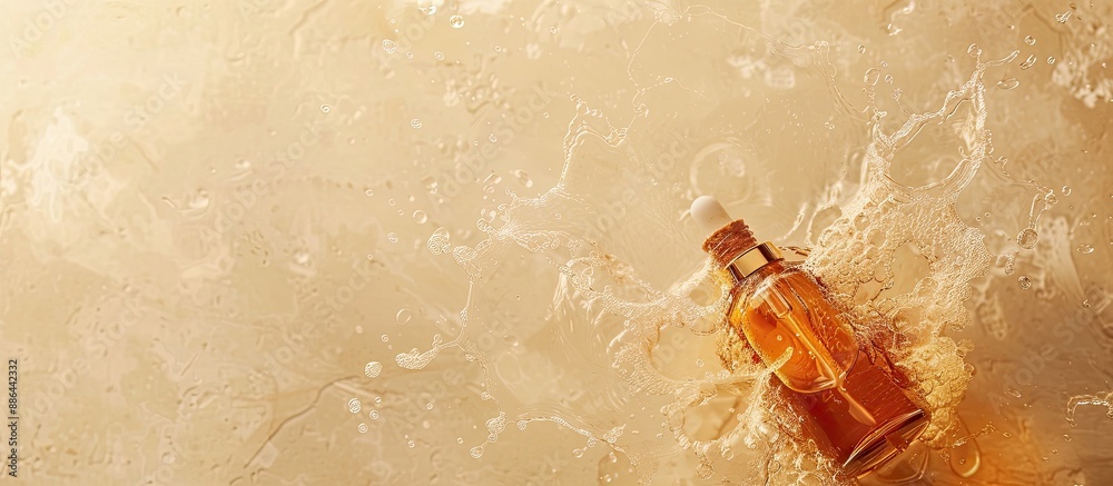 Poster top view of a cosmetic oil bottle submerged in water against a beige backdrop with copy space image 