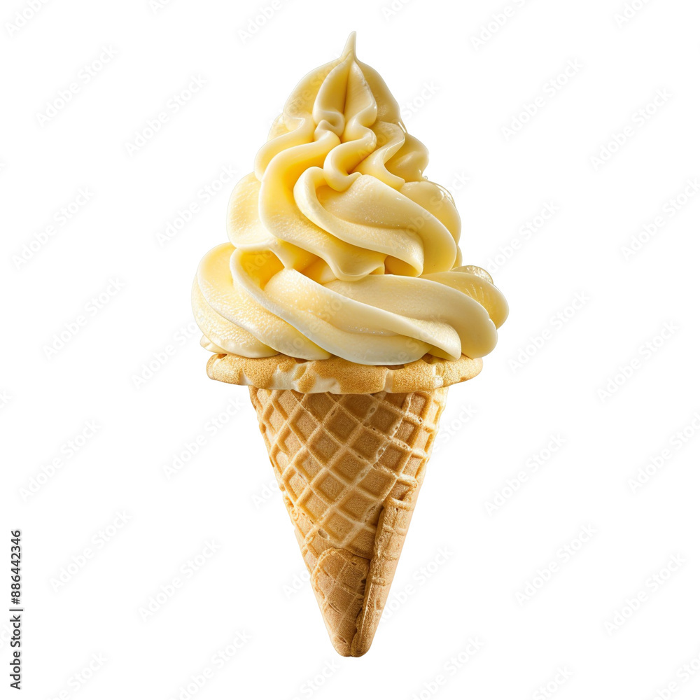 Wall mural front view of a delicious looking lemon softee swirl in a waffle cone levitating in the mid-air isol