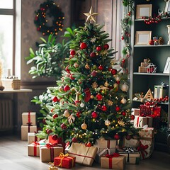 Different new years gifts wrapped in wrapping paper under the christmas tree branch