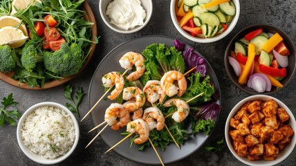 A festive dinner table with garlic butter shrimp skewers as the centerpiece.