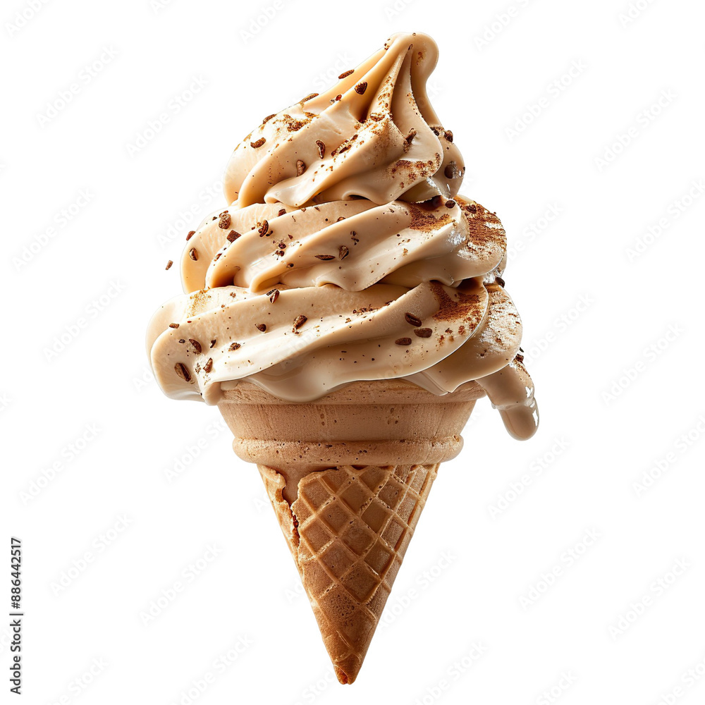 Wall mural front view of a delicious looking mocha softee swirl in a waffle cone levitating in the mid-air isol